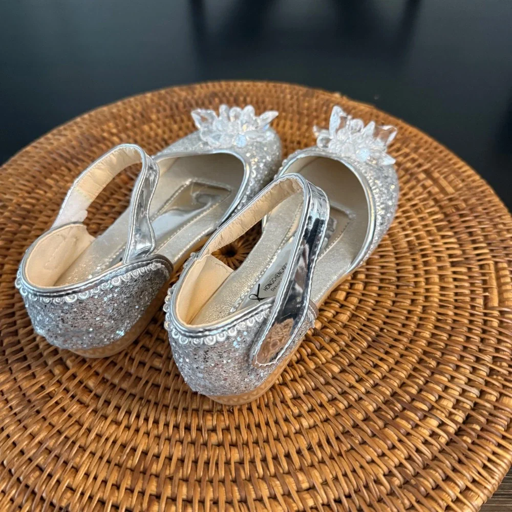 Hongchenkids Silver‎ Glitter princess Crystal Dress Shoes Girls Low Heel Size 34